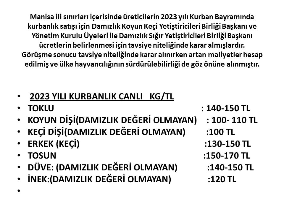 2023 YILI KURBANLIK CANLI KG/TL FYATI